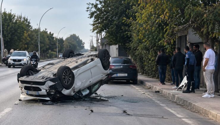Başiskele’de korkutan kaza: Otomobil ters döndü